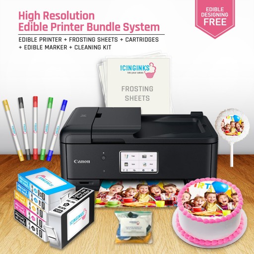 ICINGINKS® High Resolution Edible Printer Bundle System for Canon Pixma  TR8620 (Wireless + Scanner) Comes with Edible Cartridges, Frosting sheets